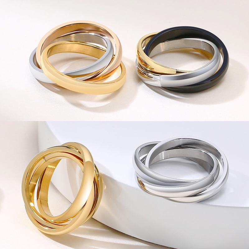 Anel Triplo Encaixado de Aço Inoxidável para Mulheres Banda de Casamento Multicor Bague Três em Um