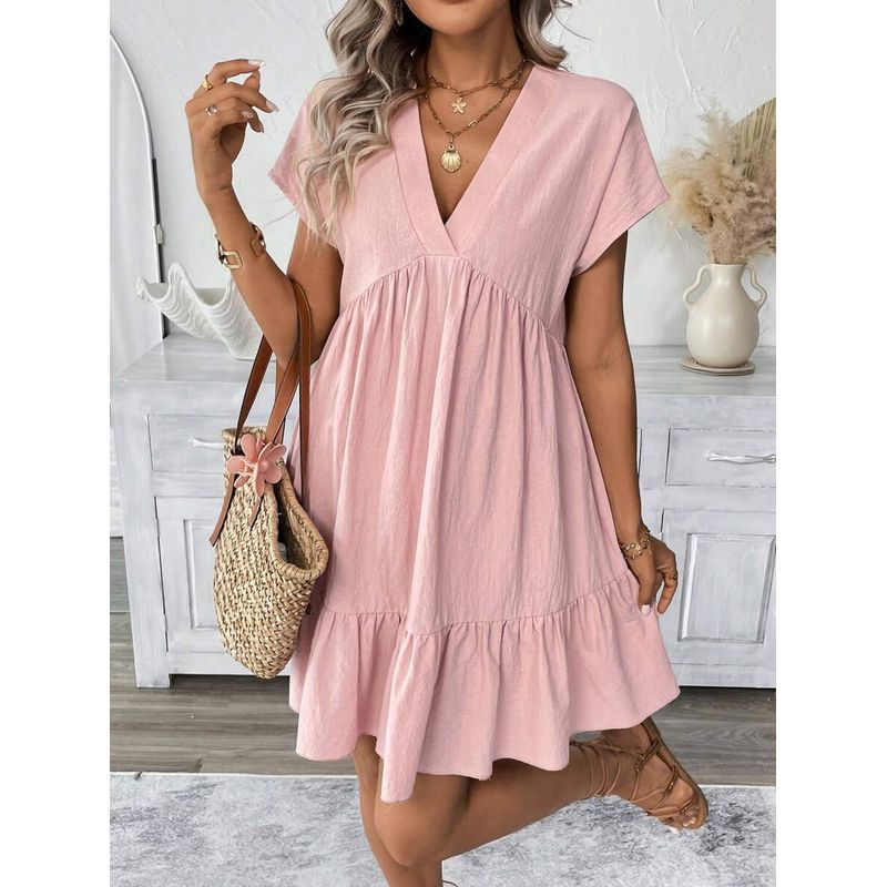 Western Style New Casual Loose V-neck Short Sleeve Dress Frill Short Dress Sexy V-neck Dress