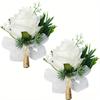 1Pc Simulation Bridesmaids and Groomsmen Wedding White Rose Green Plant Corsage Wrist Flower