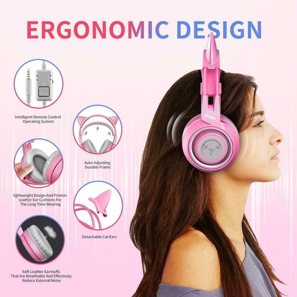 Wired Headset Gamer Pink Cat Ear Headset Cute Phone PC With Microphone 3\.5mm Gaming Phone Overear Gamer G951s Pink