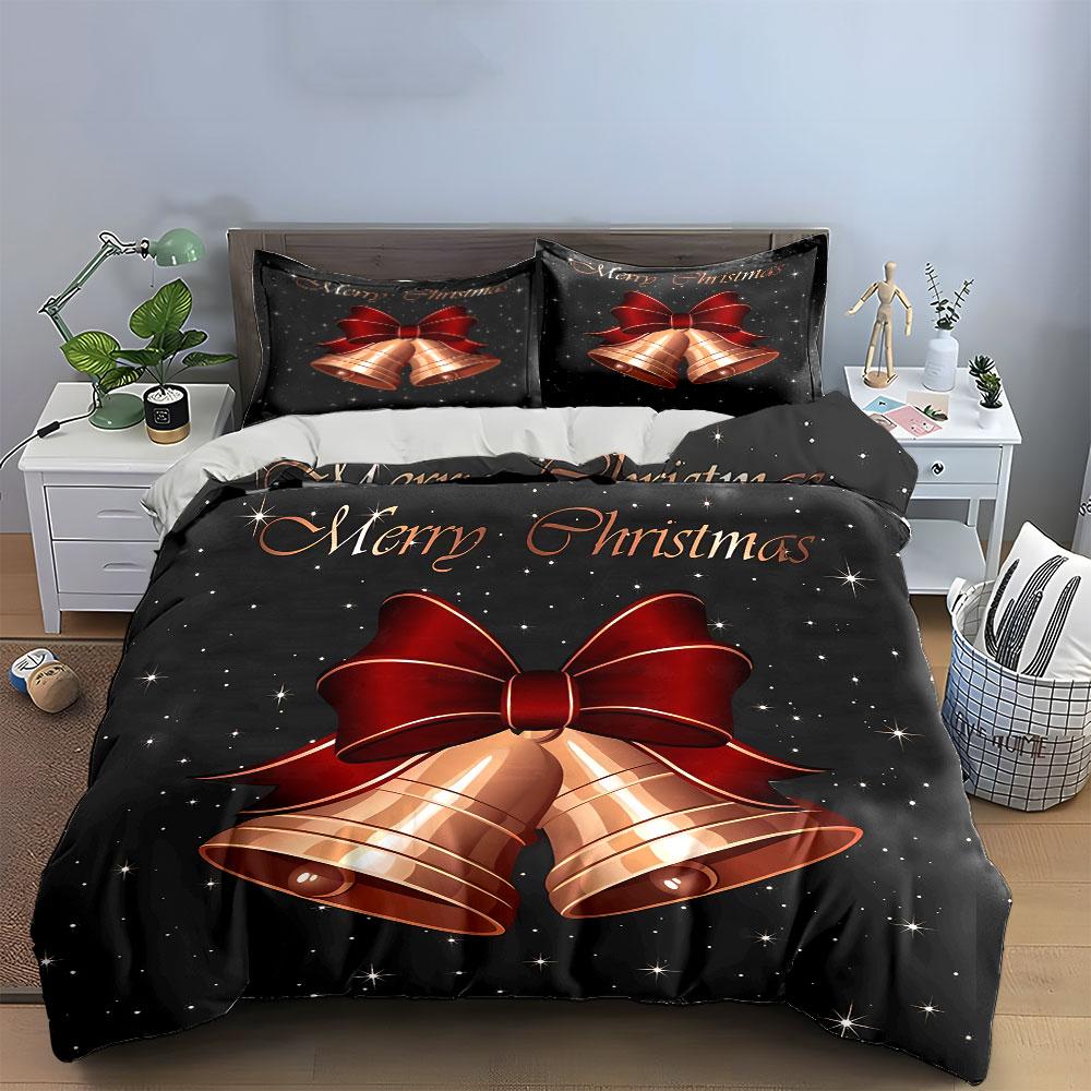 Christmas Bells with Red Bow Bedding Duvet Cover Set Duvet Cover Pillowcases  (1*Duvet Cover 2*Pillowcases, without duvet insert)