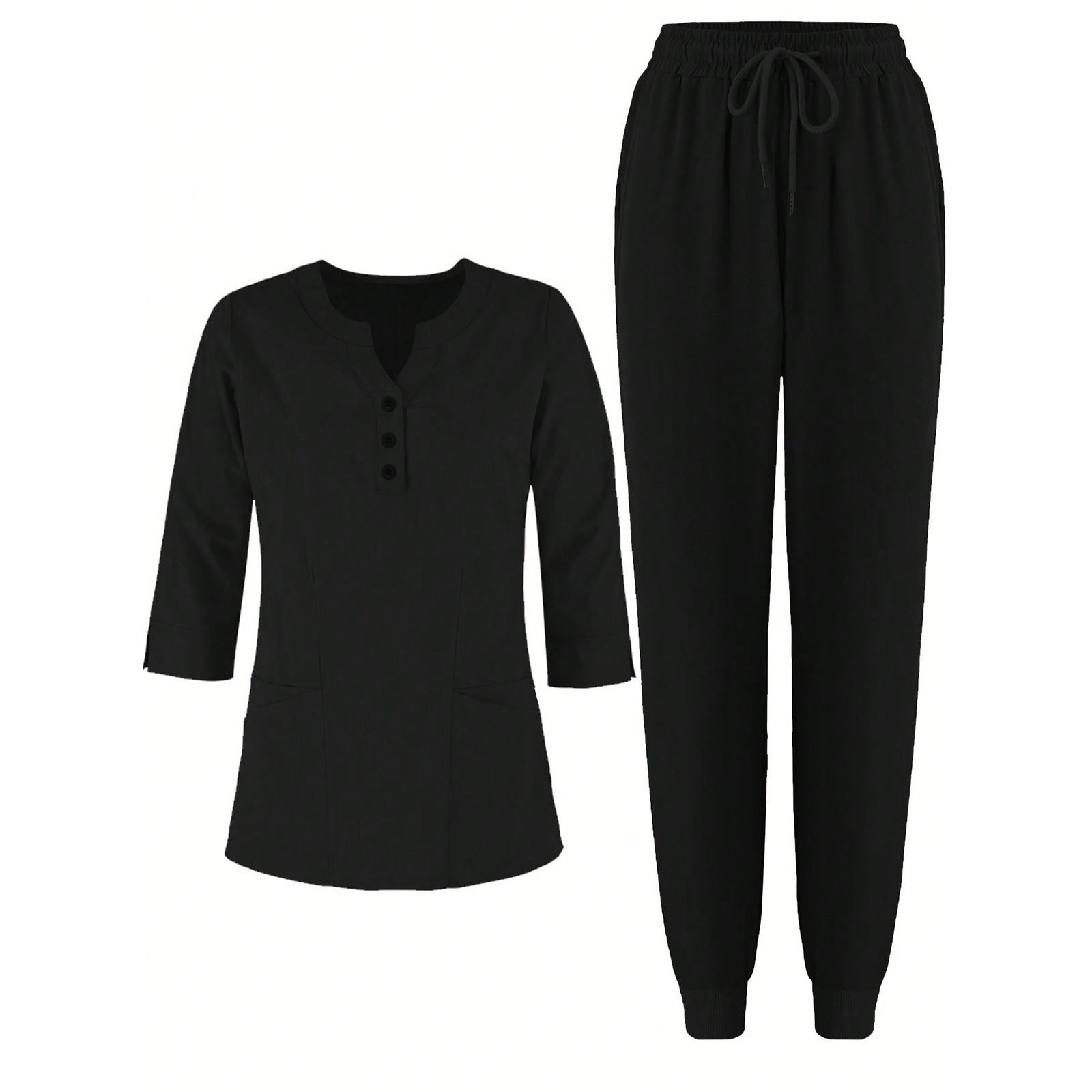 

Женский однотонный топ с V-образным вырезом и рукавами 3/4, карманами на пуговицах, брюки, рабочая одежда, комплект из двух предметов XL чёрный