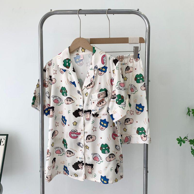Japanese Cute Cartoon Pajamas 2025 New Two-Piece Suit Homewear Can Be Outwear Silk Pajamas Short-Sleeved Shorts