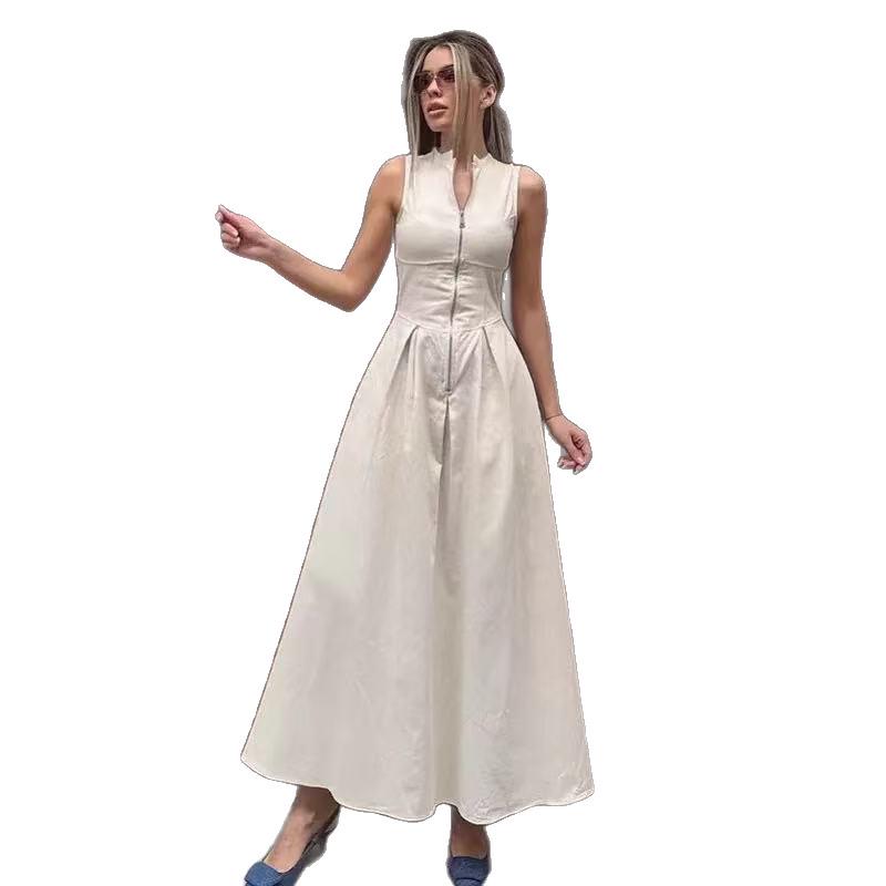 Damen Khaki Französisches Leinen A-Linien-Kleid: Herbst 2025 Taillenbetonender Stil