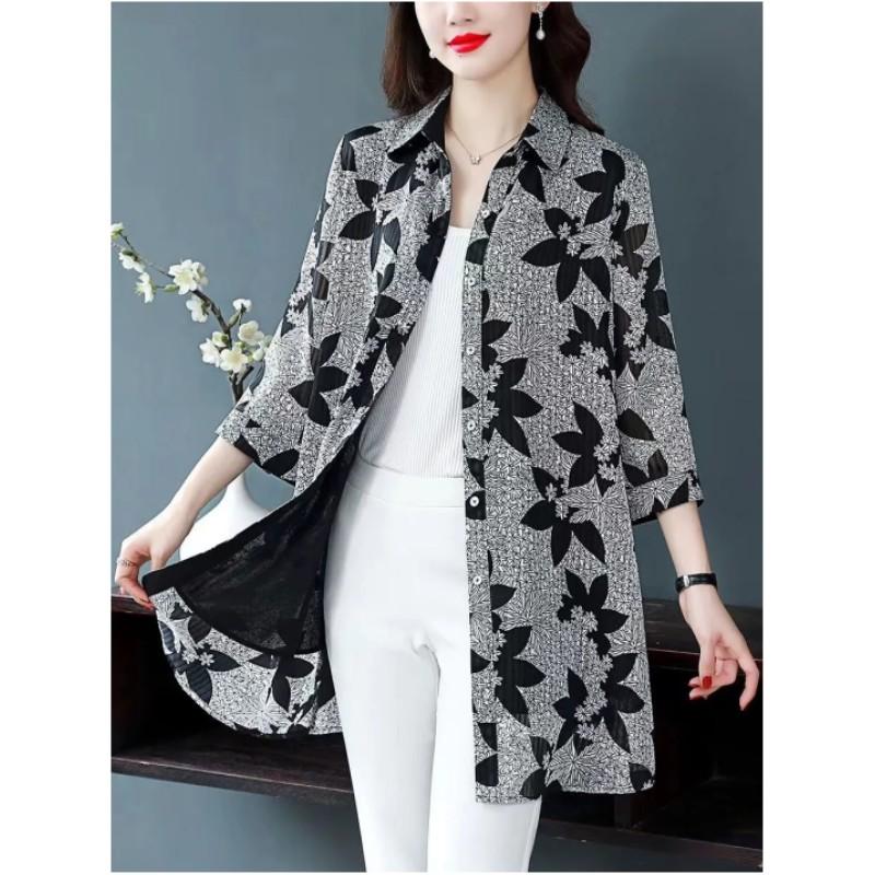 Cămașă din șifon de lungime medie de primăvară și vară pentru femei Topuri temperament cu mâneci de șapte minute