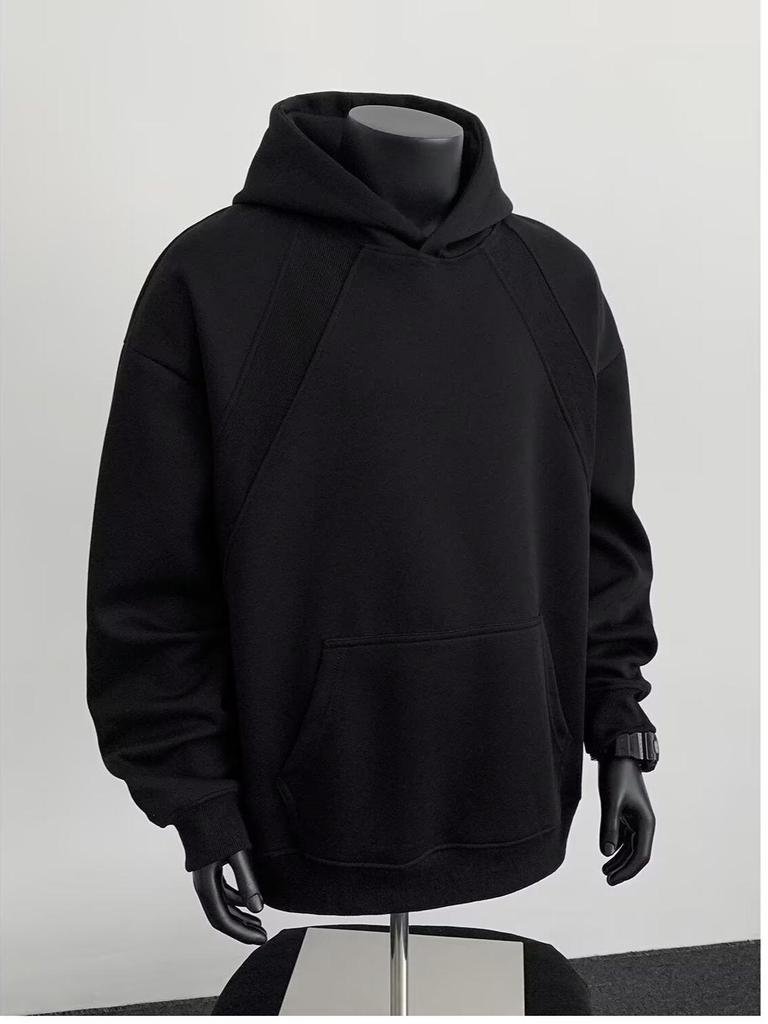 American Style Grey Deconstructed Patchwork Men's Hoodie, Spring/Autumn Trend, High Neck, Socially Anxious Persona, Fashionable Outerwear