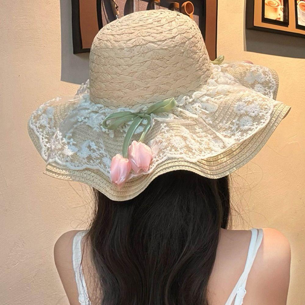 Wide Brim Straw Hat Tulip Sunscreen Hat Fashion Sunshade Hat  Summer