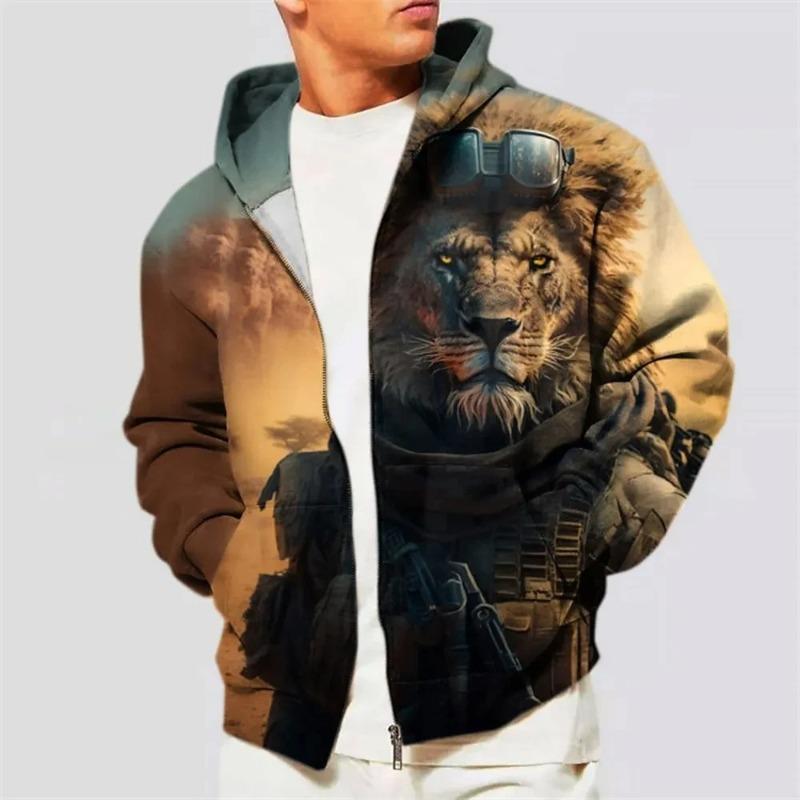 Fashionable Men's Hoodie Autumn/Winter Beast Series 3D Digital Printed Casual Men's Long Sleeve Zipper Hoodie
