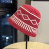 Retro Knitted Hat Warm Diamond Grid Pattern Bucket Hat Appearing Small In Size Big Head Circumference Ear Protection Hat