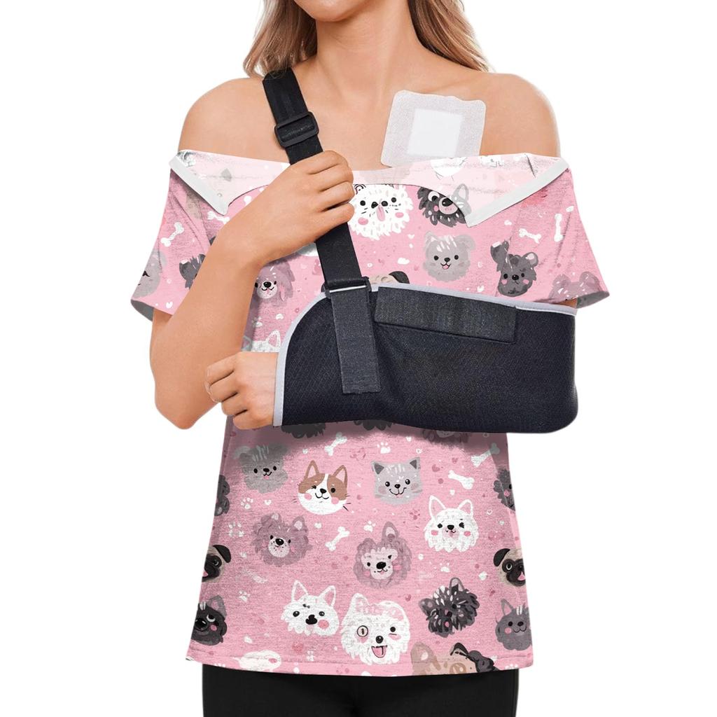 Post Surgery Shirt for Women Animal Print Short Sleeve Side Magic Tape Closure Shoulder Zipper Comfortable Recovery Top