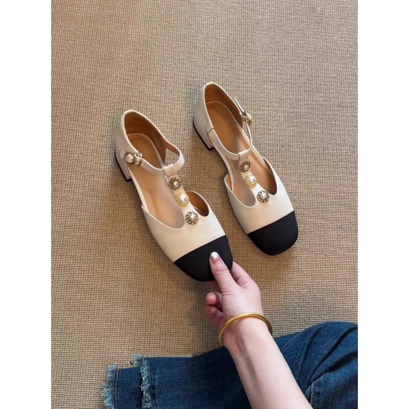 

Summer new Mary Jane single shoes women s flat metal button camellia color matching ballet shoes 40