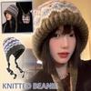 Retro Striped Knitted Woolen Hat Thickened Windproof Beanie Cap Ethnic Style Cold-proof Strap Ear Protection Hat for Women