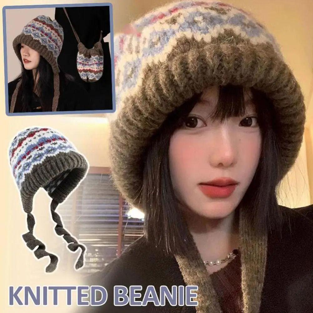 Retro Striped Knitted Woolen Hat Thickened Windproof Beanie Cap Ethnic Style Cold-proof Strap Ear Protection Hat for Women