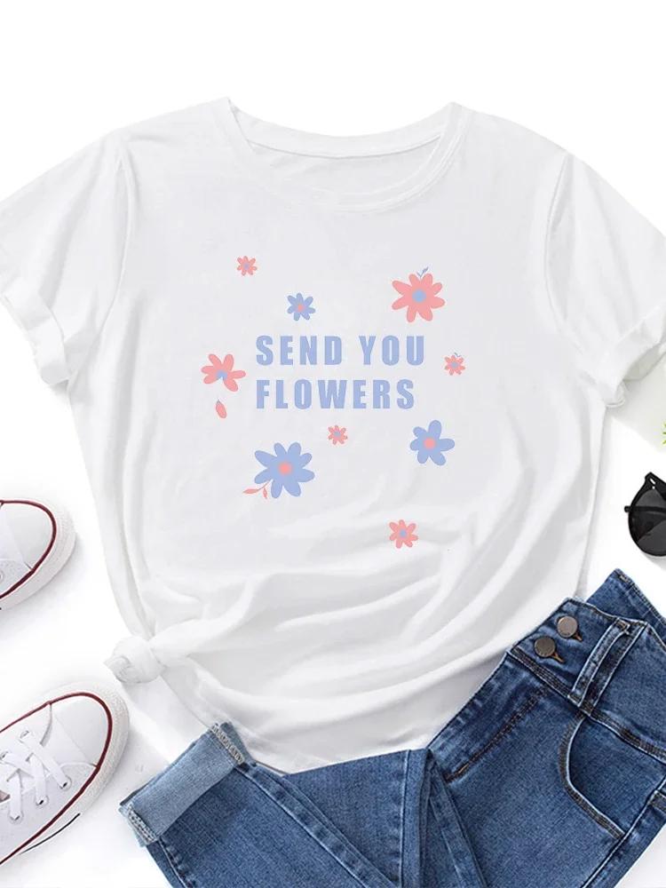 SEND YOU FLOWERS Print T Shirt Women Short Sleeve O Neck Loose Tshirt Summer Women Tee Shirt Tops Camisetas Mujer