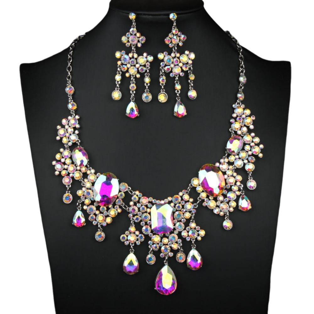 Shiny Necklace Earrings Set Baroque Wedding Bridal Accessories Rhinestone Jewelry Set Prom Event