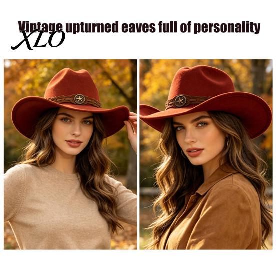 Autumn Winter Warm Fedora Unisex Western Cowboy Hat, Wool Felt Hat with Faux Leather Elegant for Daily Use Band, Retro Wide Brim Cowgirl Men