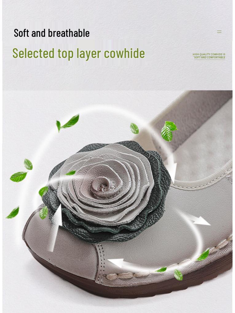 2025 Spring Handmade Genuine Leather Floral Moccasins for Women - Soft Sole, Shallow Mouth, Flat Bottom