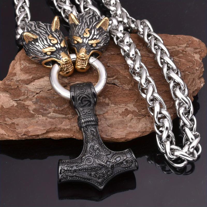 

European Retro Wolf Head Rune Hammer Pendant Necklace - Men’s Nordic Punk Jewelry