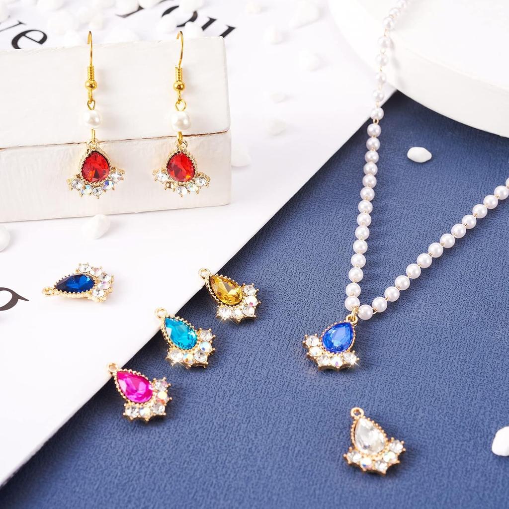 Cheriswelry 24Pcs Faceted Glass Teardrop Alloy Pendants Rhinestone Crystal Water Drop Dangle Charms 12 Colors 20x16x5mm for Necklace Bracelet Earring