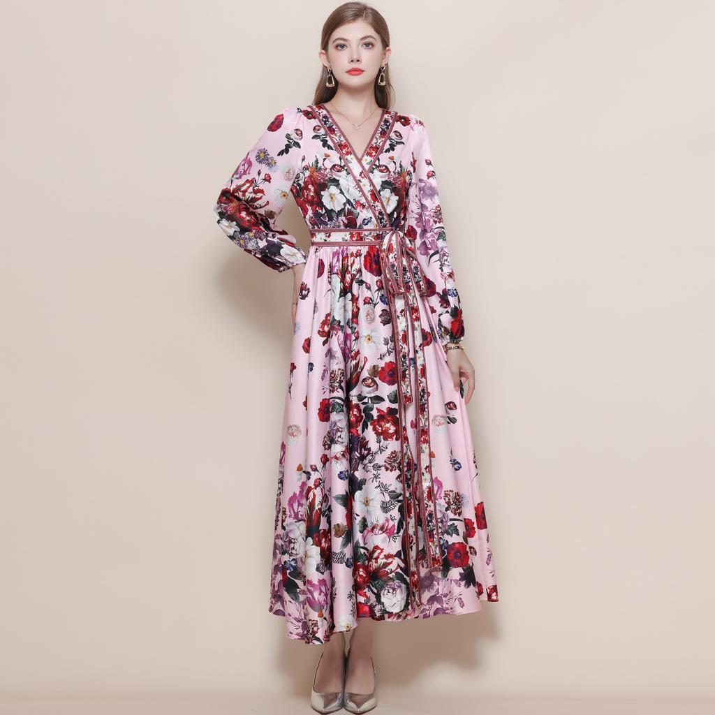 Spring Vintage Floral Maxi Dresses for Women Runway Cross V-Neck Long Lantern Sleeve Sashes Beach Holiday Dress Boho Robe