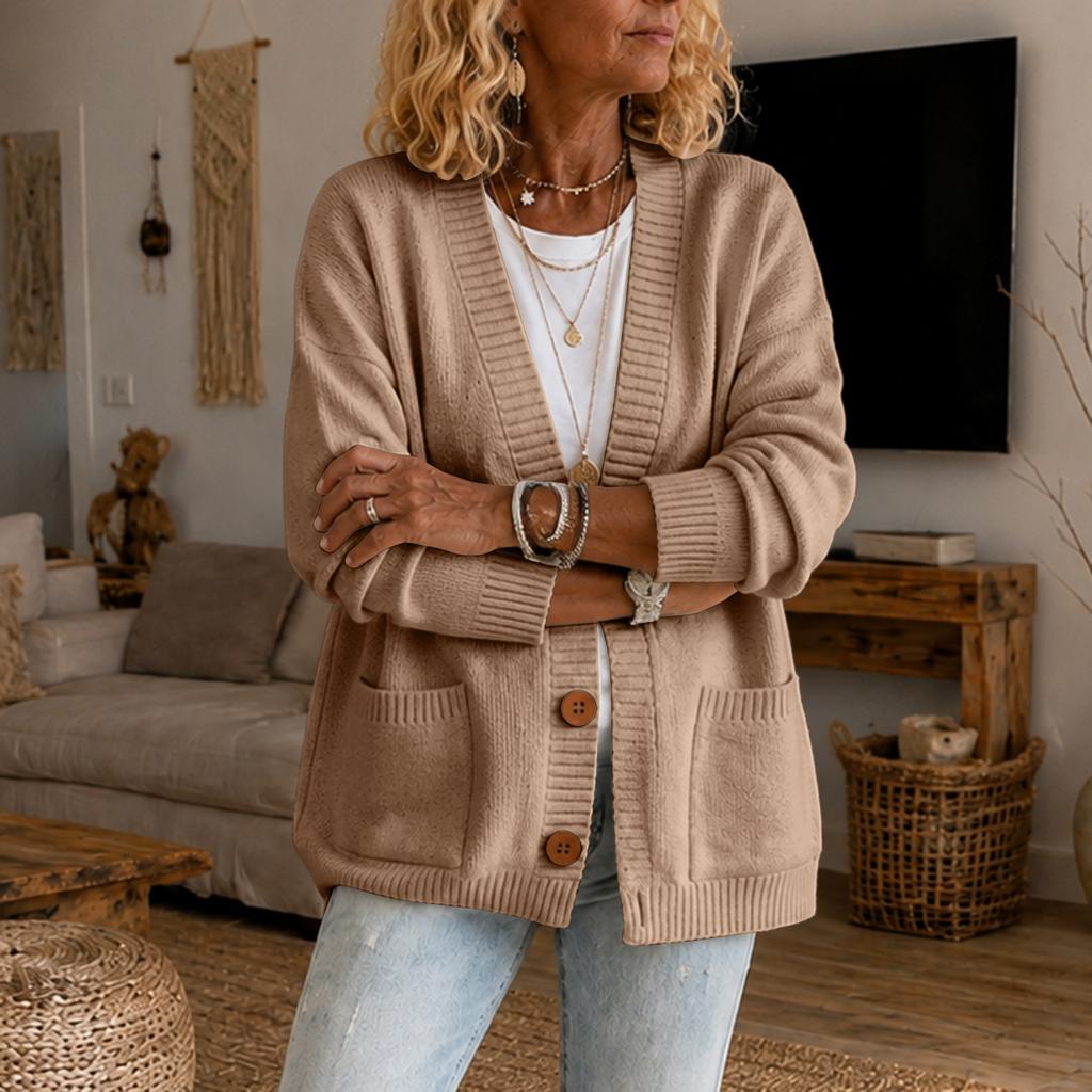 Cardigan in Maglia da Donna con Scollo a V Manica Lunga Vestibilità Larga Cappotto Maglione con Grandi Tasche