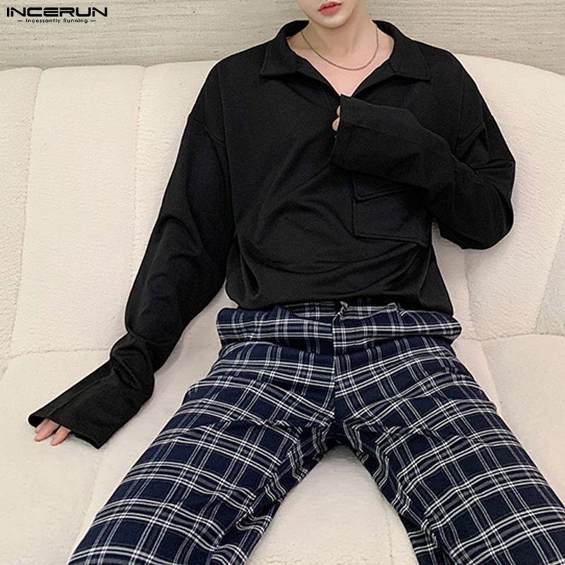 INCERUN Oversized Men Lapel Neck Long Sleeve Solid Loose Casual T-Shirts Tops