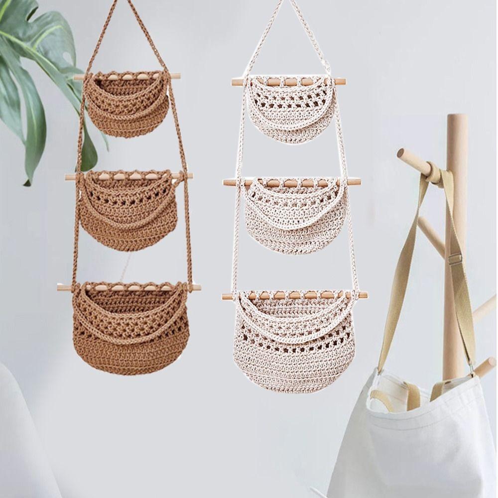 Simple 3 Tier Storage Bag Handmade Fruit Net Pocket Practical Hanging Fruit Baskets  Flowers