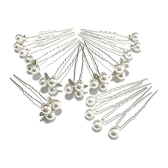 K&R Hair Pins Pearl for Wedding, Graduation, Entrance Ceremony, Kimono Hair Accessory, Arrangement - Set of 6 Clover & 10 Single Pins