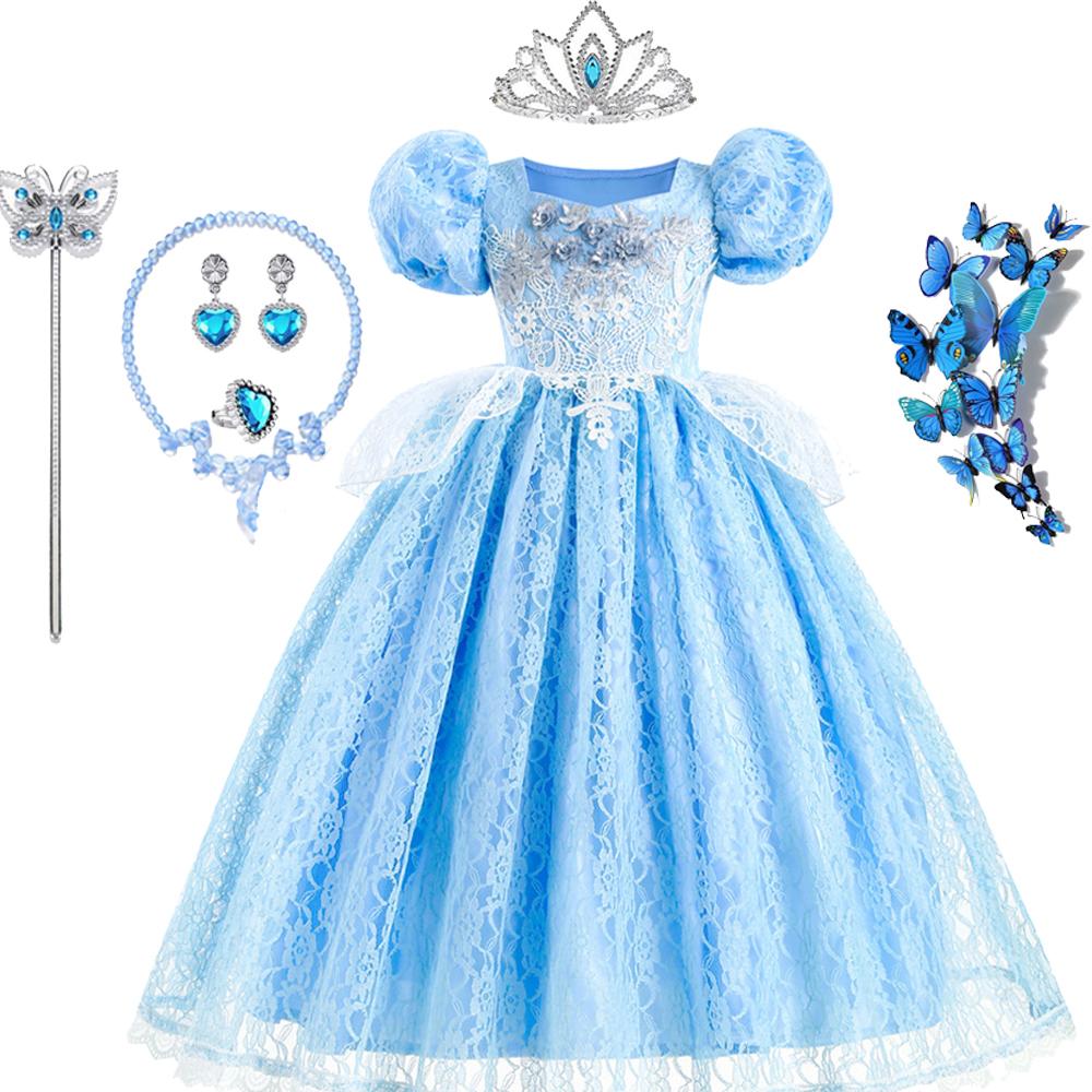 Girls New Year Blue Long Dress for Kids Christmas Birthday Party Dresses Butterfly Cinderella Cosplay Costumes Chidren Outfits