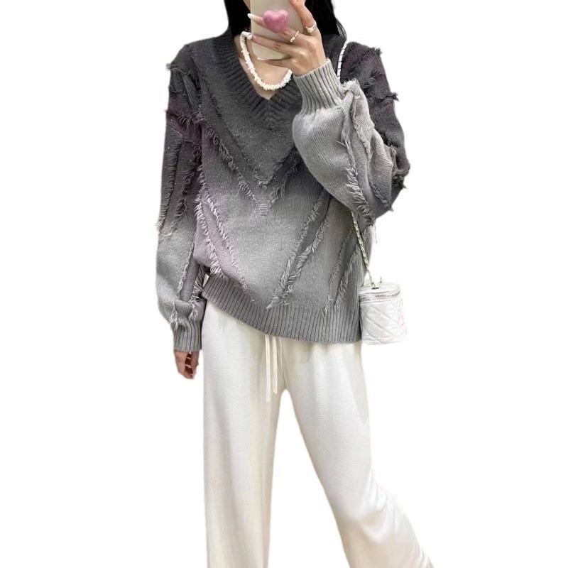 Collar Gradual Change Color Top Autumn and Winter New Fringed Design Lazy Loose Pullover Knitted Sweater Women