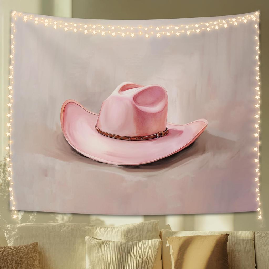 Pink Cowboy Hat Tapestry Coastal Cowgirl Wall Art Preppy Western Decor for Teen Girl Dorm Bedroom 50x60 Inches