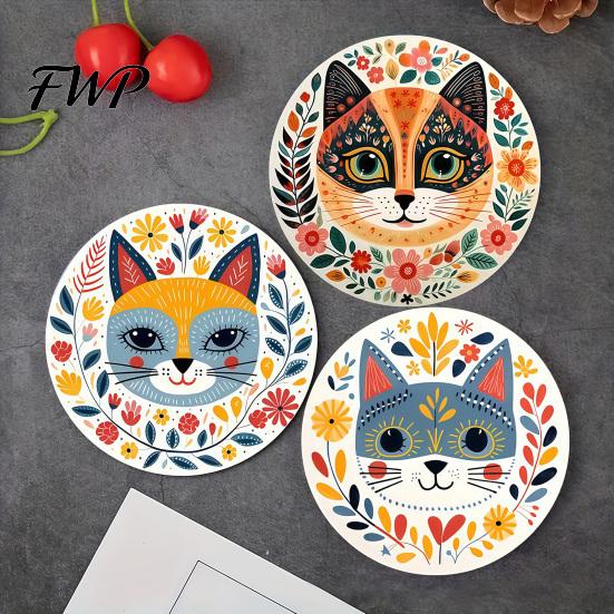 Anti-skid Wood Coasters for Tables 6 Pcs Cute Cat Coasters, Thick Heat-Resistant Coaster Tabletop Protection, Siamese Pattern Table Pads Non