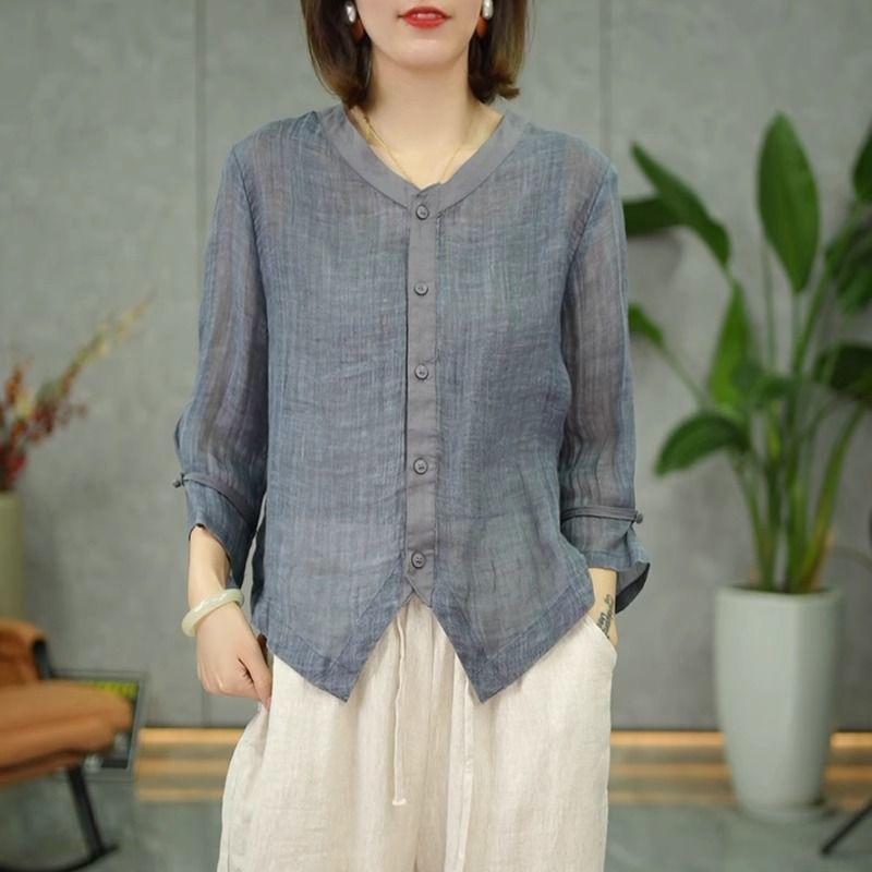 Camicia da Donna per Primavera Estate Top Lento Sottile Temperamento Lino Multicolore Taglie Forti Sottile