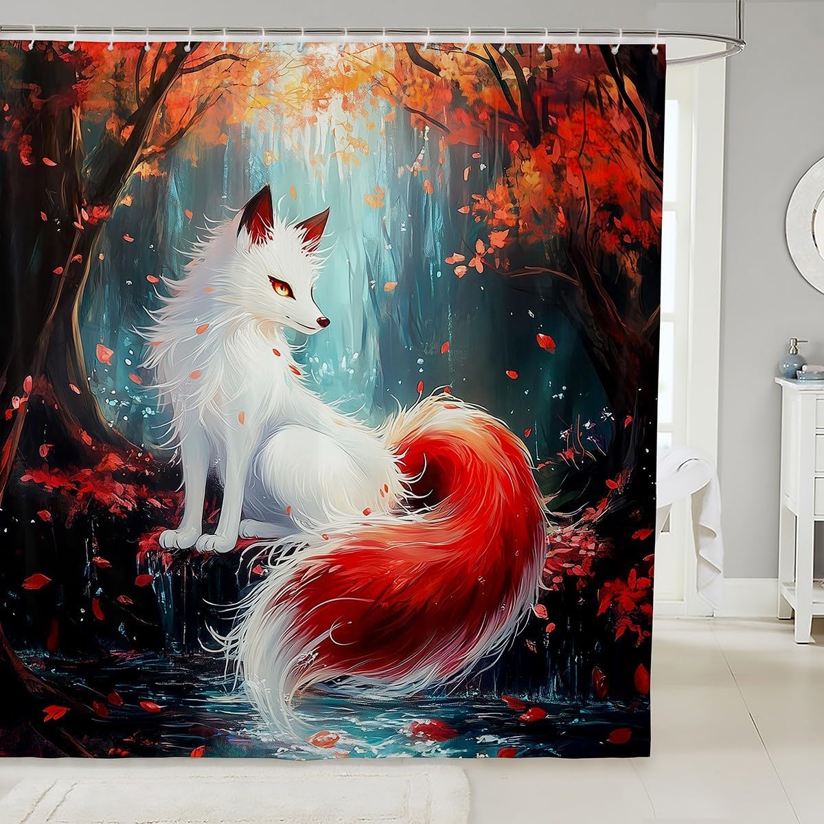 

Pink Fox Shower Curtain Japanese Cherry Blossoms Bath Curtain Girls Teens Cute Cartoon Bathroom Shower Curtain Set Waterproof 90x180CM