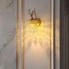 Luxury All-Copper Retro Crystal Wall Lamp with French Deer Design for Living Room and Bedroom