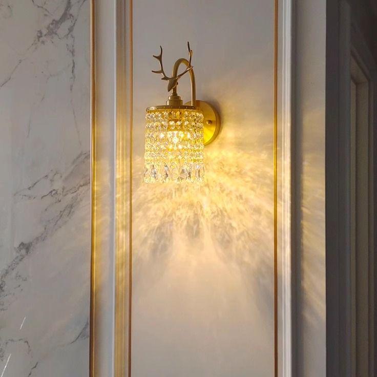 Luxury All-Copper Retro Crystal Wall Lamp with French Deer Design for Living Room and Bedroom