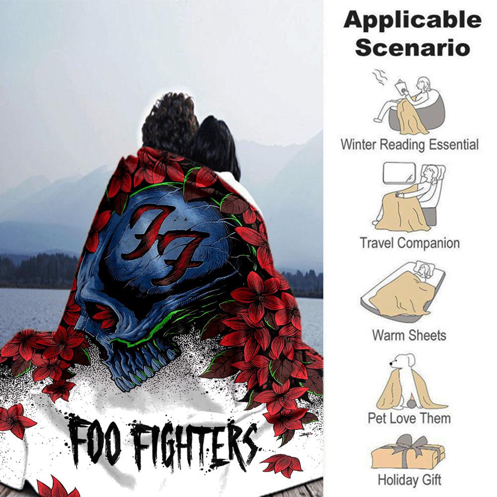 Foo Fighters Skull Floral Art Flannel Blanket Super Soft Warm Cozy Blanket for Sofa Bed Office Travel All‑Season Home Decor Gift