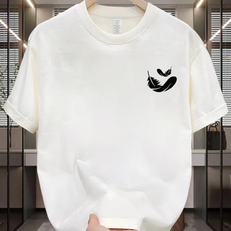 Summer pure cotton men's casual loose fashion two-piece feather print breathable sports short sleeved round neck T-shirt