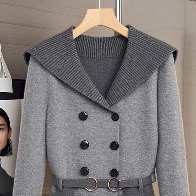 Autumn/Winter 2025 High-End Chic Grey Sweater & Blue Midi Skirt Set