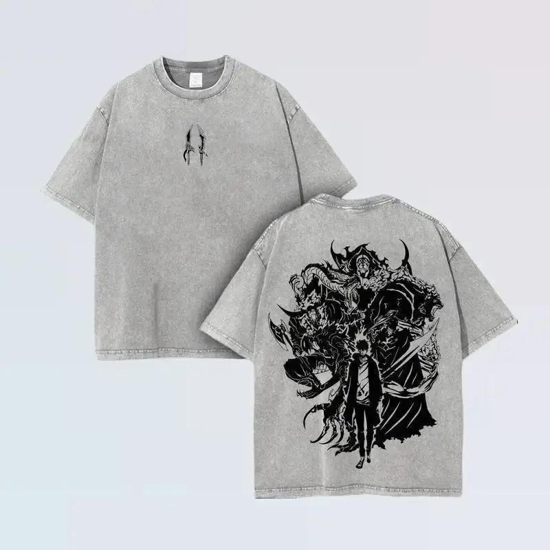 Sung Jin Woo Solo Leveling Clothing Men Short Sleeve Manga T-shirts Vintage Washed T Shirt Casual Cotton Tee Harajuku Tshirt