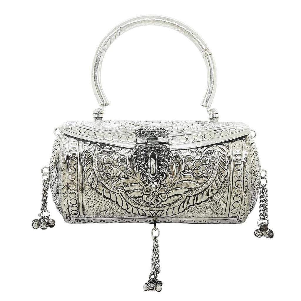 Women's Silver Brass Metal Handle Clutch Handmade Antique Ethnic Hand Clutch