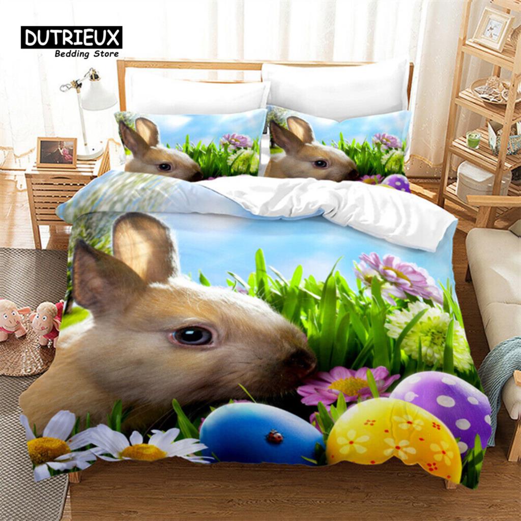 Bunnies Duvet Cover Mushroom Floral Bedding Set Cute Animal Rabbit Quilt Cover Twin Size Greetings and Presents for Easter Day
