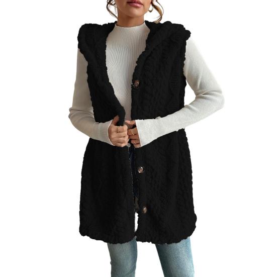 Women's Sleeveless Hoodie Coat Button Down Faux Fur Fuzzy Coat Oversized Textured Hooded Vest Fall Outerwear