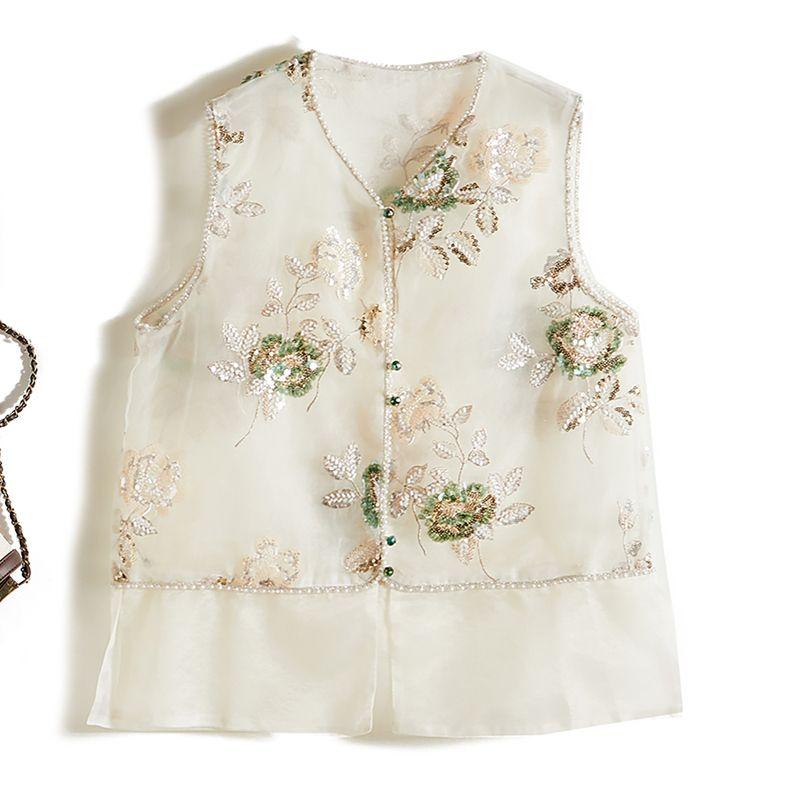 

Imported Organza a Small Amount of Foreign Trade Top Goods! Ruili Fashion Sense Women Summer Three-Dimensional Embroidery Beads I-Shaped Vest Beige L
