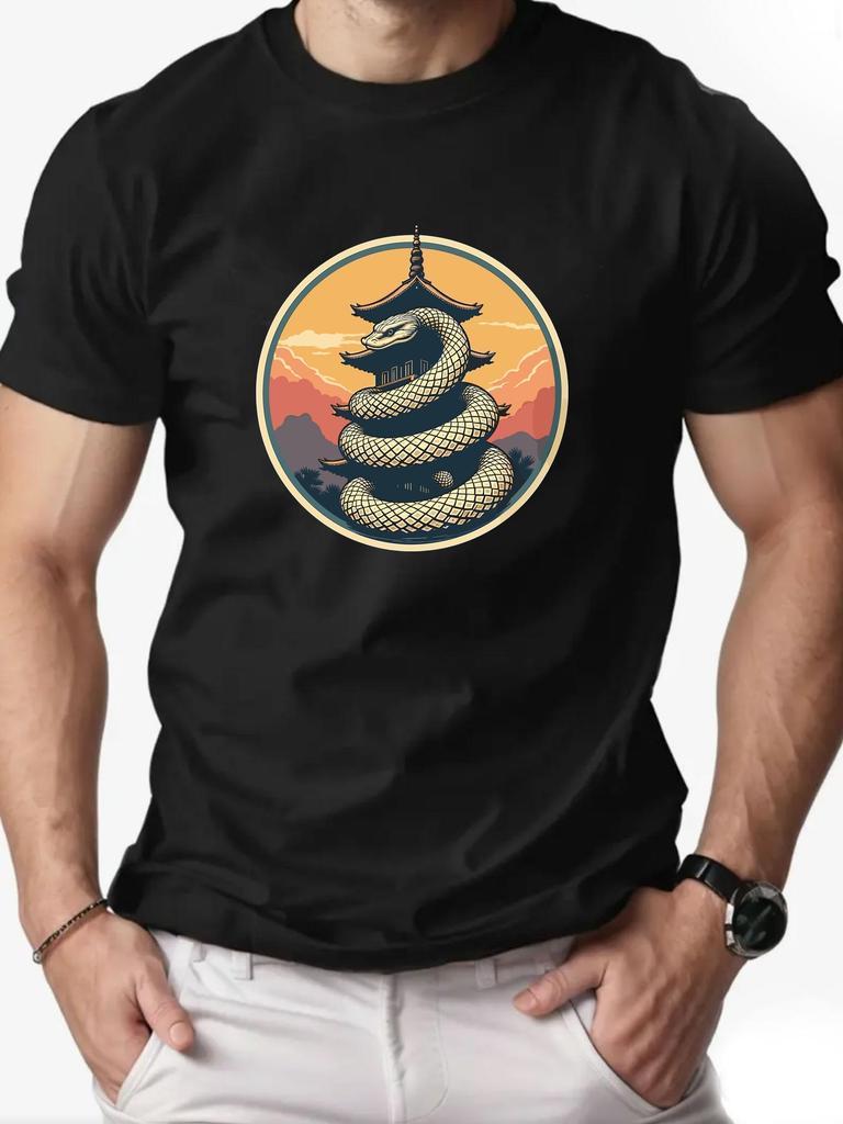 Men's T-Shirt 100% Cotton Cartoon Animal Snake Print Summer Oversized Round Neck Breathable Casual Short Sleeve Fashion T Shirt