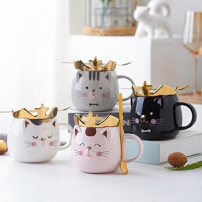 Cat Ceramic Cup Office Home Ceramic Mug Crown Cute Cat with Lid and Spoon Couple Water Cups Drinkware
