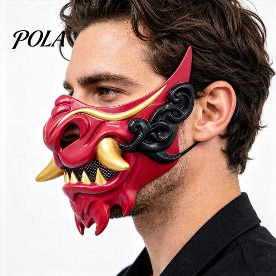 Comfortable Party Mask for Adults Japanese Hannya Red Half Mask, Wolf Teeth & Embossed Cloud Details, Breathable Lightweight Durable Cosplay