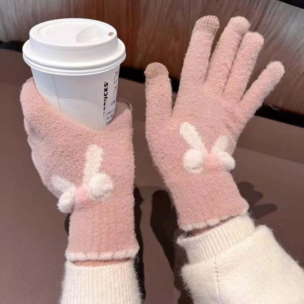 Cute Keep Warm Knitted Gloves Windproof with Five Fingers Winter Gloves Cold Protection Stretch Knit Mittens Girl Women