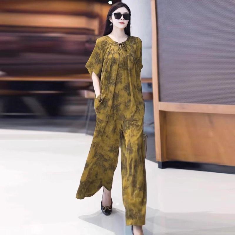 2025 Summer Luxe Retro Print Top & Wide-Leg Pants Plus Size Set