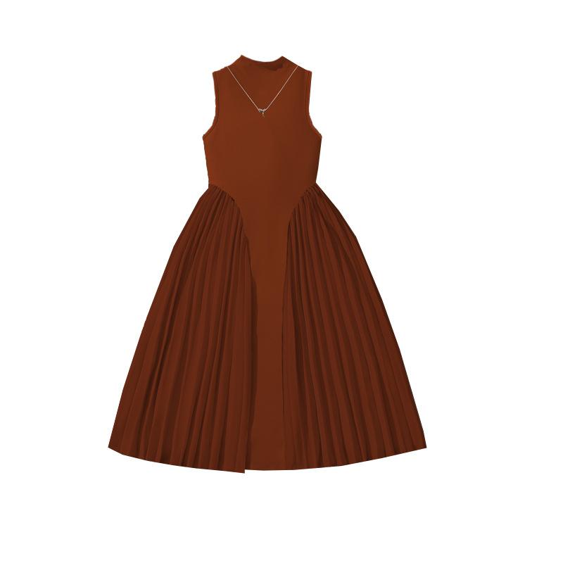 Girls' Fashionable Dress for Summer, Children's Elegant Solid-color Stand-up Collar Pleated Sleeveless Long Dress